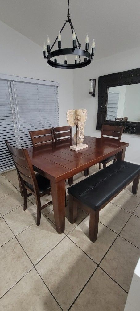 Brown Dining Table Set – Includes 4 Chairs + Bench (Black Cushions)