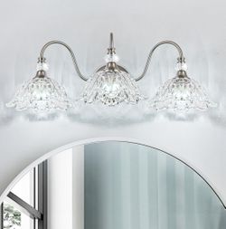 Brushed Nickel 3-Light Bathroom Vanity Light With Floral Clear Glass Shades, Brushed Nickel Wall Mount Lighting For Bathroom, Dressing Table