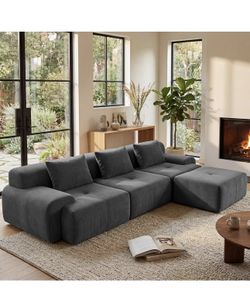 108'' Modular Sectional Boneless Couch, Tufted Cloud Sectional Couches for Living Room, L Shape Deep Seat Sofa with Ottoman & 3 Throw Pillows,Corduroy