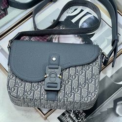 Christian Dior Saddle Flap Messenger Bag Oblique Canvas and Leather Gray