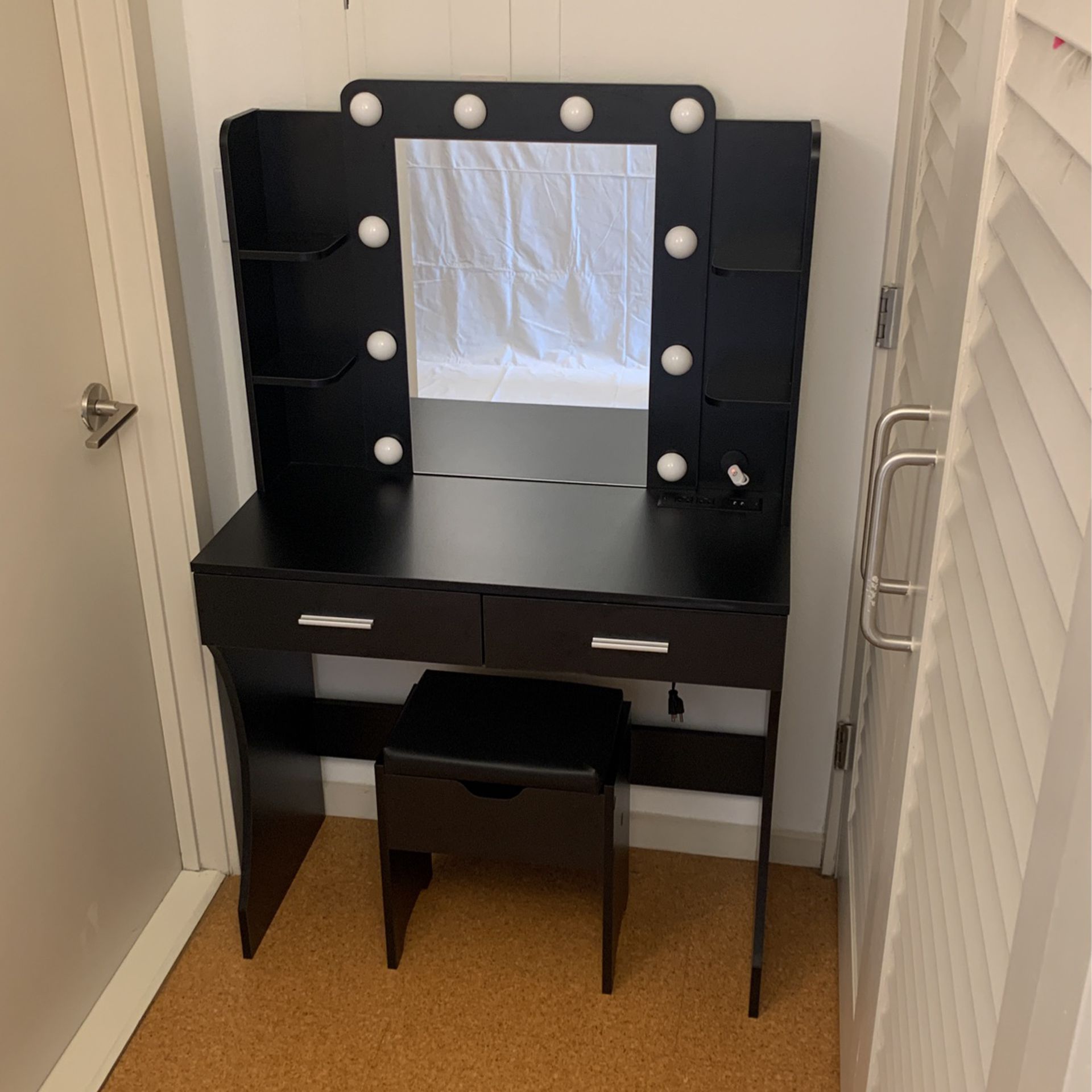 Vanity Desk Set w/ Lights, Drawers, Shelves, Power Strip,  & Storage Stool