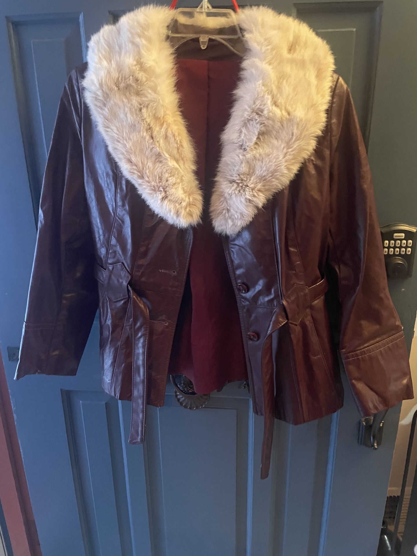 Vintage Genuine Leather Jacket with Rabbit Collar