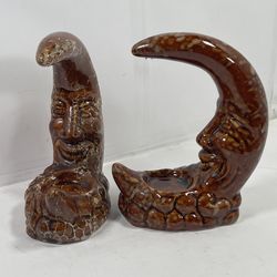 VTG Ceramic Crescent Moon Matching Pieces Smiling Face Incense Holder Very Rare Candle Holder 