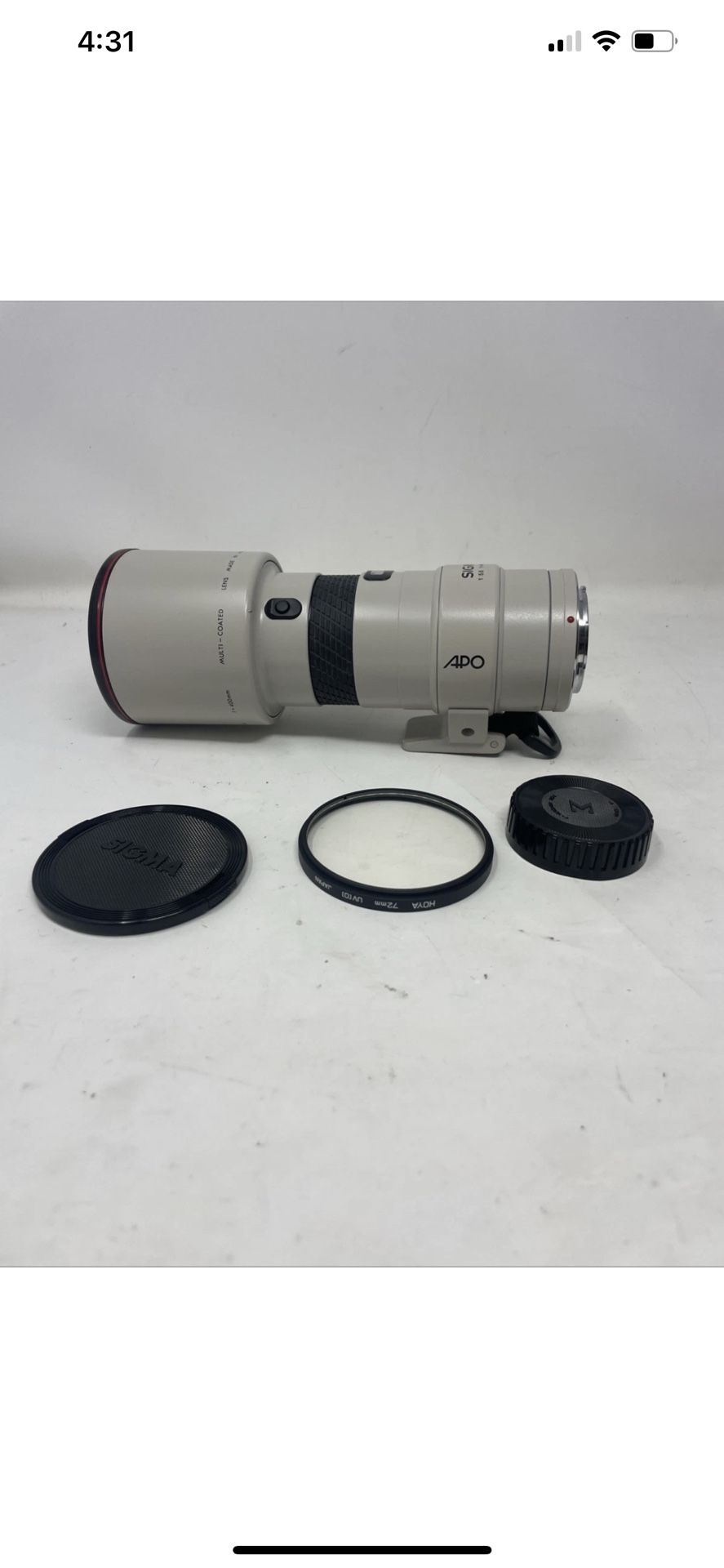 Sigma AF Tele APO 400mm F/5.6 white W/ Hoya 72mm UV (0) From JAPAN