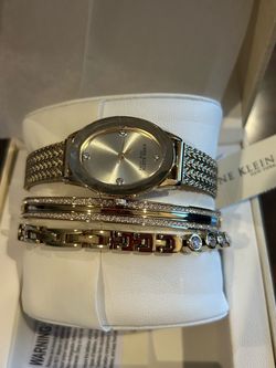 Anne Klein Gold Tone Watch & Bracelet Jewelry Set with White Round Stone