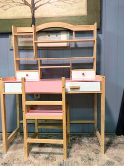 Kids Wooden Desk & Chair Set – Pink & White