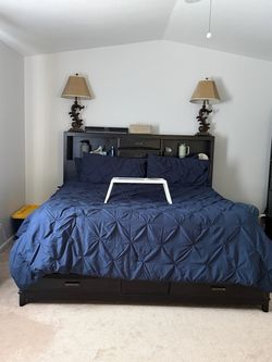 Cal King Bed Frame with Storage and Bookcase Headboard