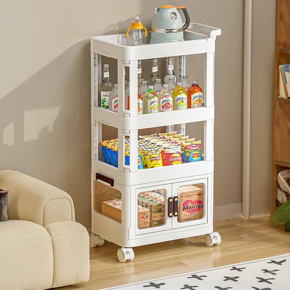 3-Tier Rolling Utility Cart with Drawer,Plastic Storage Bins with Lids,Multifunctional Storage Organizer with Plastic Shelf & Wheels,Storage Cart for