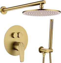 Push Button Shower System Brushed Brass Gold 10 Inch Rainfall Shower Set, Pressure Balanced Rough-In Valve and Trim Kit, Wall Mount（192.99）