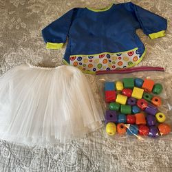 Kids Art Smock, Colored Wooden Beads, White Tutu All For $5