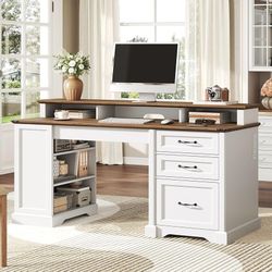 55'' Farmhouse Executive Desk with Drawers, Computer Desk with File Cabinet and Side Bookshelf, Writing Gaming Desk with Monitor Stand & Ch