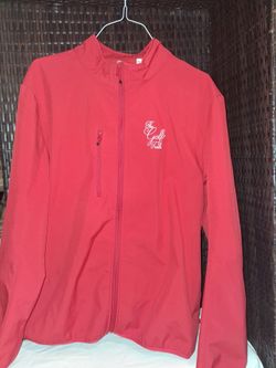 Clique (by Cutter & Buck) Men's Trail Softshell Jacket in red, embroidered with "The Golf Trails"