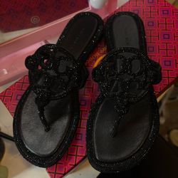 Black Rhinestone Tory Burch Sandlas