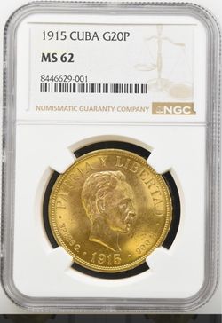 Cuba coins ,monedas ,1915 oro 20 pesos MS62 NGC