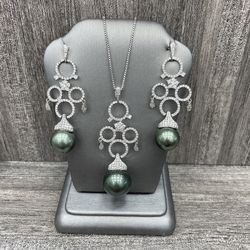 Earrings And Charm Set Sterling silver 925 With CZ And Imitation pearl