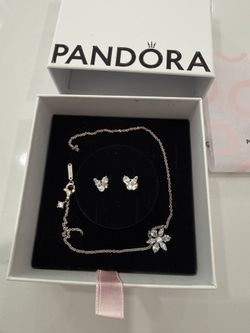 Authentic Pandora Necklace Earrings 925 Set Silver Zirconia