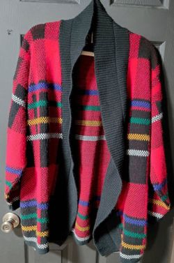 Vintage Huntington Ridge Red Striped Open Cardigan Sweater Womens MED Oversized