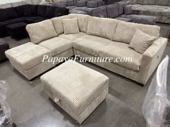 New Beige Tan Fabric Modern Sectional Sofa and Chaise Set FREE STORAGE OTTOMAN Reversible Chaise Left Right BIG Couch SALE Dark Grey IKEA Ashley Style