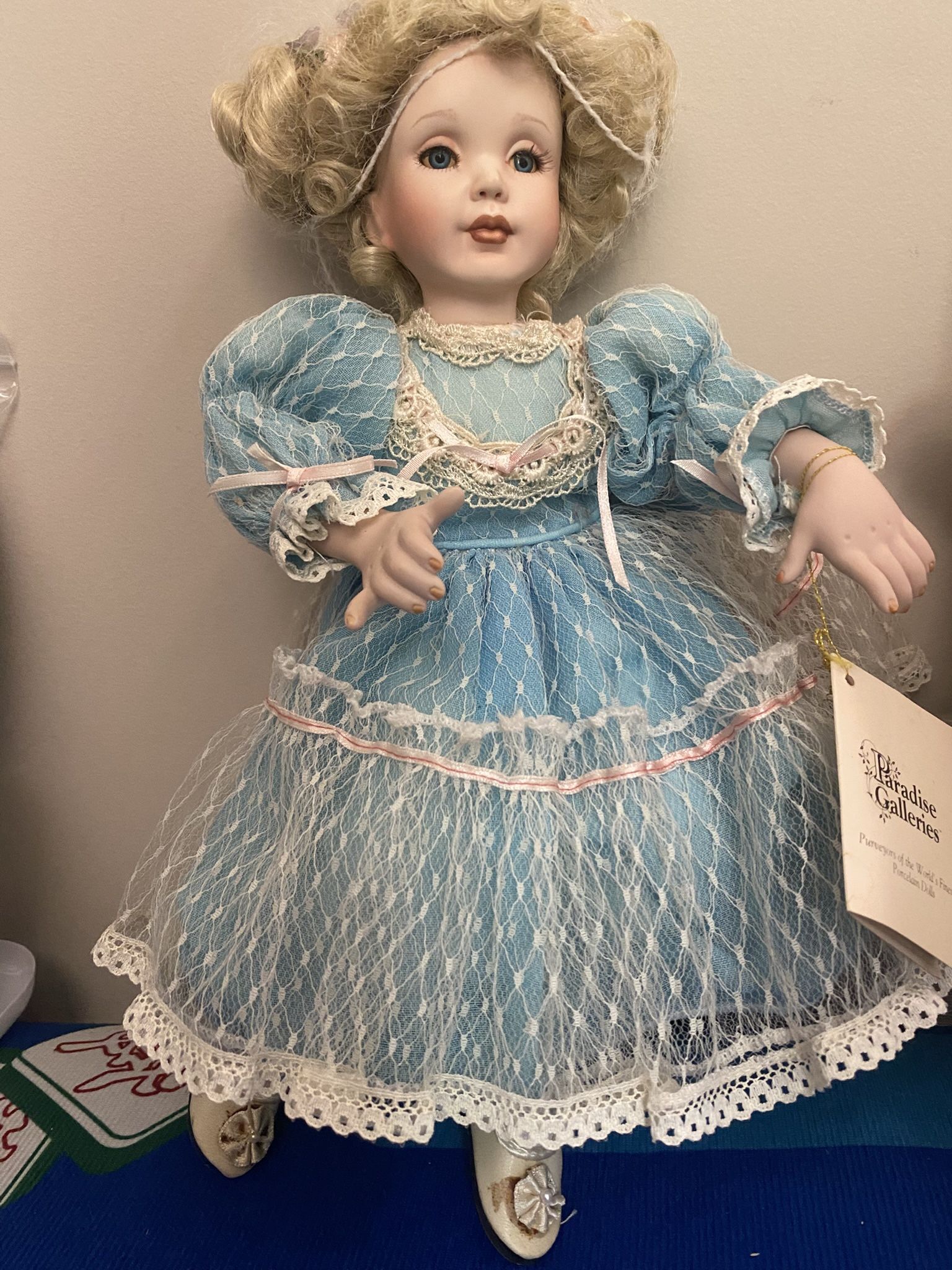 Paradise Galleries Blue and White Victorian-Inspired Porcelain Doll Laced Dress