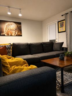 Beautiful Charcoal Gray Sectional/ 4 Chair Table