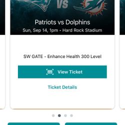 4 MIAMI DOLPHINS TICKETS  Upper Level Row 1 section 301 NEW ENGLAND PATRIOTS 9/14 full Shade