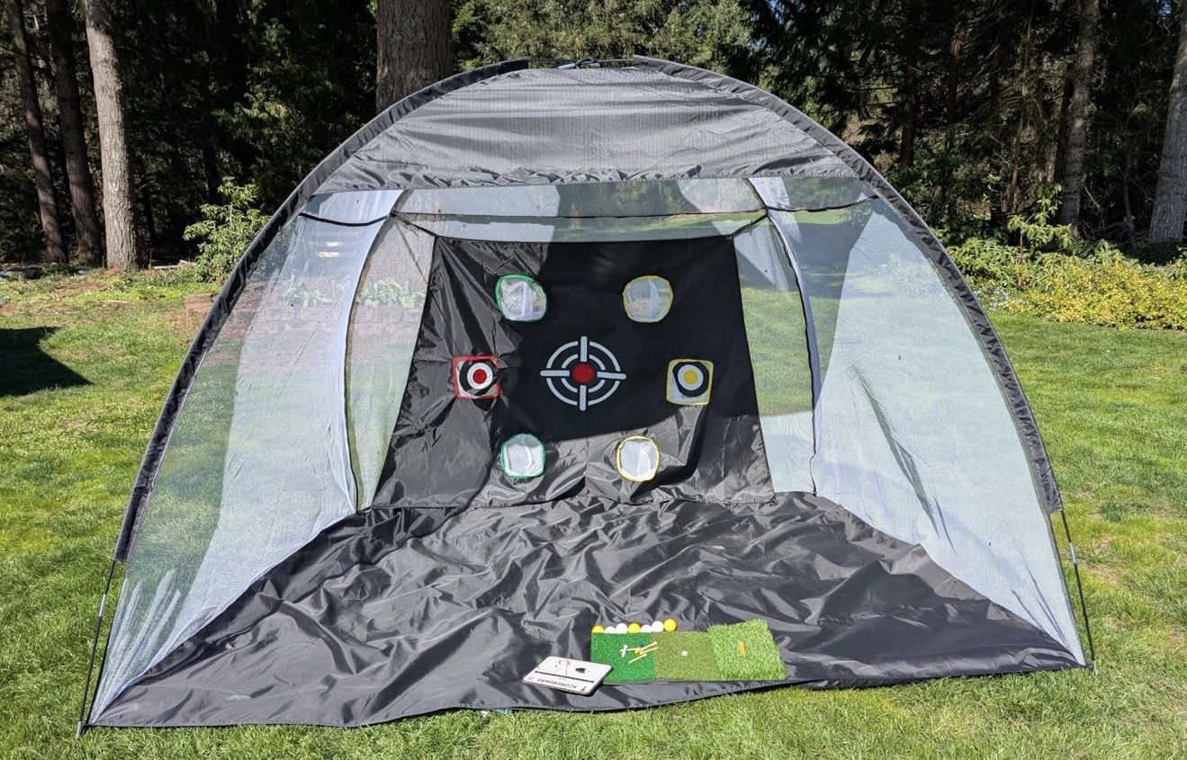 Golf Net, 10x7 Ft Practice Hitting Golf Net with Tri-Turf Mat, Ball, Tee, and Carring Bag, All-in-One Multi-Target Training Aid for Outdoor/Indoor Chi