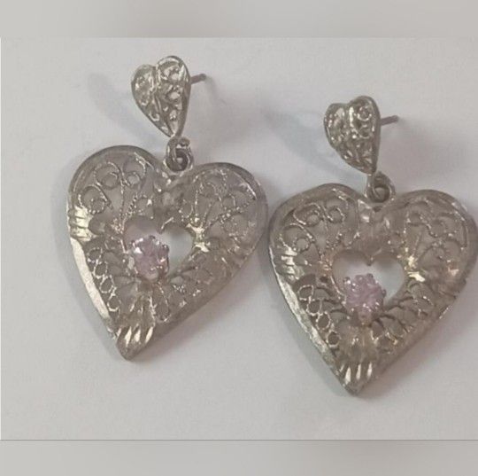Sterling Silver Filligree Heart Pink Stone Earrings