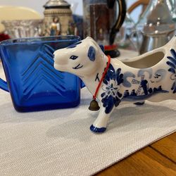 Vintage  blue chevron sugar bowl and milk or creamer cow from Denmark