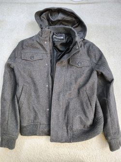 Men's EXPRESS Gray Wool Blend Lined Detachable Hood Bomber Jacket  Size M Medium