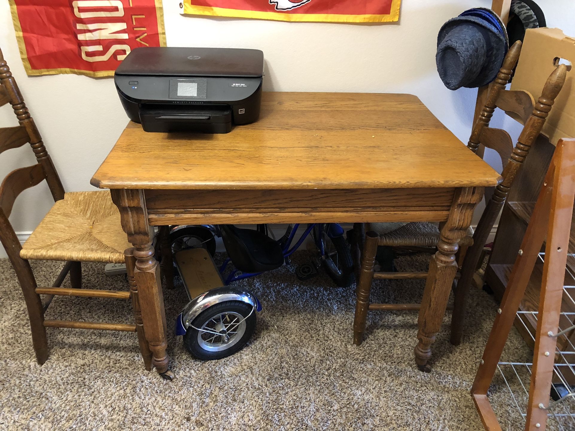 Solid Oak Table On Wheels With 2 Chairs