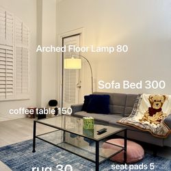 Sofa Bed, Arched Floor Lamp, Coffee Table, Rug, Seat Pad