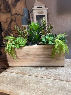Ht-9in width-13.5in HANDMADE Artificial cactus arrangement in a rectangular wood box