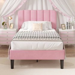 Twin Size Bed Frame with Upholstered Headboard, Velvet Platform Bedframe Mattress Foundation, Strong Wood Slat Support, No Box Spring Needed,Black