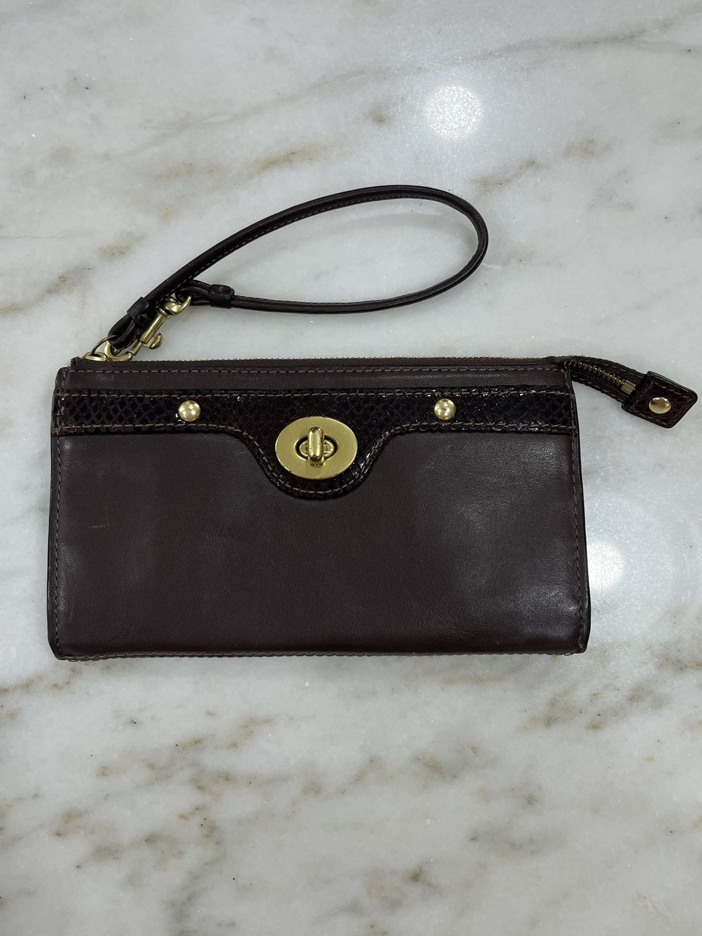 COACH Leather Wallet Wristlet #45647 Zippy Penelope Brown Embossed Python & Turn Lock