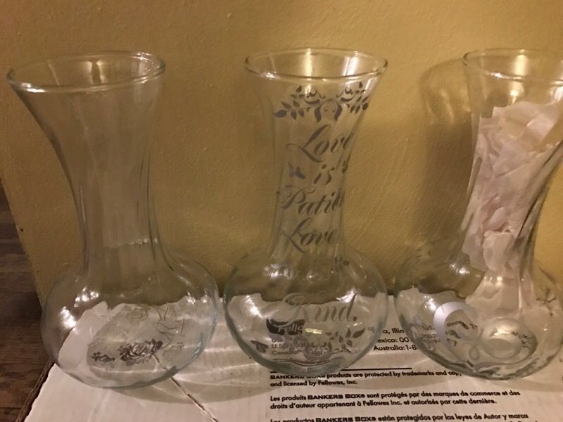 Wedding vases $3 each or $12 for all 5 vases .
