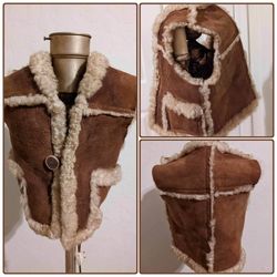 UNISEX CHILDREN'S CHILD YOUTH KID SHEEP WOOL FUR SUADE LEATHER BUTTON VEST COAT OVER JACKET