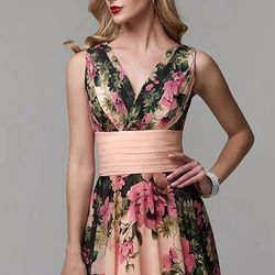 Glamorous V-Neck Floral A-Line Empire Waist, Large Swing Elegant Prom Party Floor Length Maxi Dress