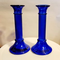Pair Vintage Cobalt Blue Glass Candlesticks Vase Candle Holders