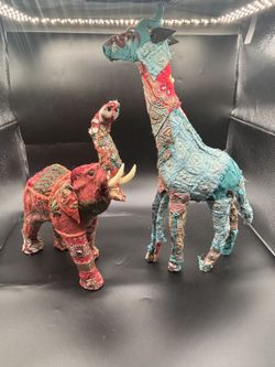 Pair of Handmade Fabric Elephant and Giraffe Figurines
