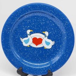 Blue & White Speckled Enamelware Plate w/ Ducks / Geese & Heart - Vintage 1980s