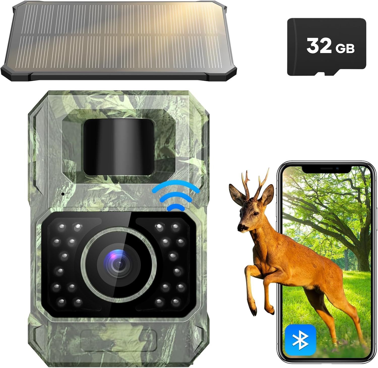 Solar Trail Camera 48MP 30FPS, WiFi Bluetooth Game Camera with Motion Activated 0.2s Trigger, Night Vision Motion Activated IP66 Waterproof for Wildli
