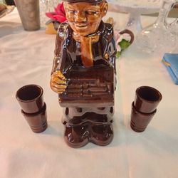 Vintage Ceramic Figurine Decanter w/Shot Glasses