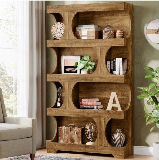 71" Tall Bookcase, 4-Tier S-Shaped Bookshelf, Wood Decorative Storage Shelving, Modern Freestanding Display Shelves, Large Library Book Shelf Unit for