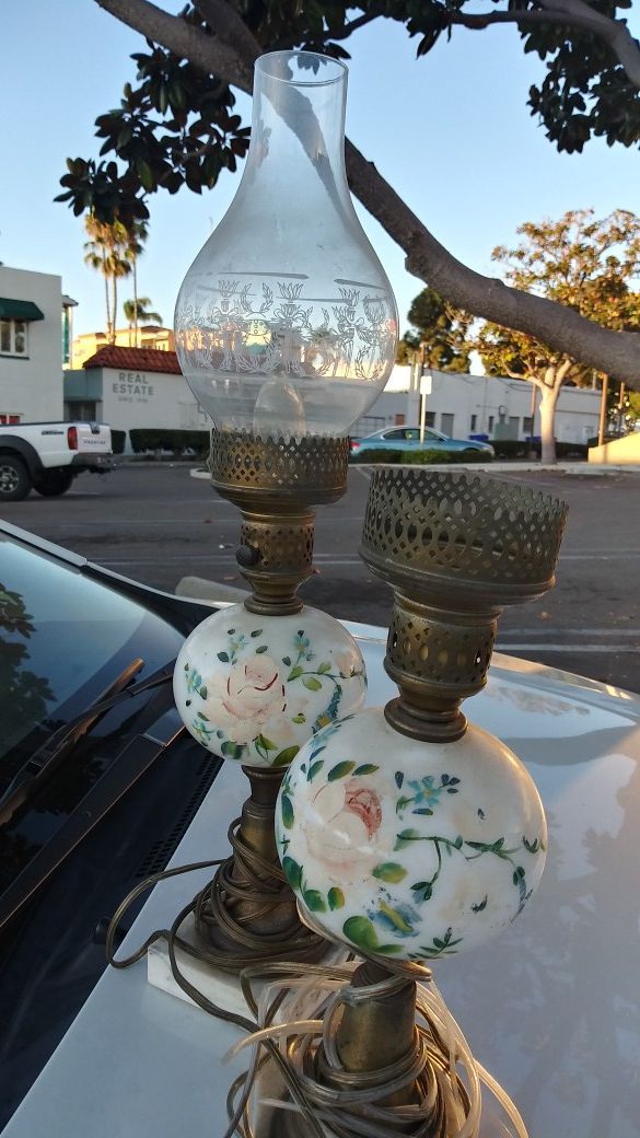 Antique hand painted electric lamps, BOTH have etched glass chimmney tops.