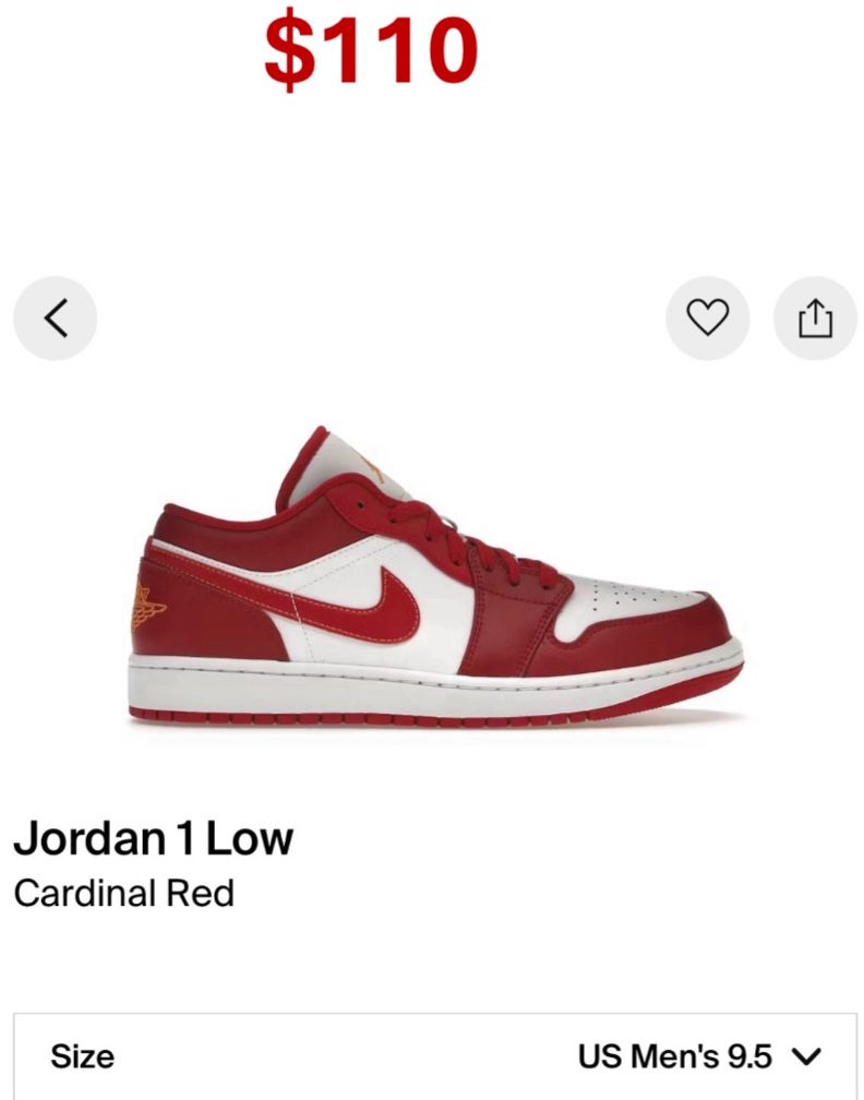 Jordan Low 1 Cardinal (9.5)