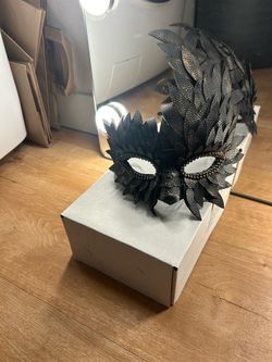 Black Leather Masquerade Mask with Feather Detail