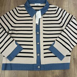 NWT Tick Warm Sweater Cardigan Jacket Striped Sweater w/ Denim Trim Sizes Available M,L,XL $12 Price Firm