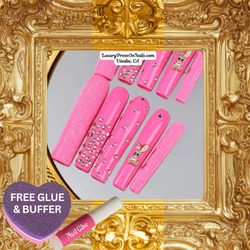Hot Pink Rhinestone Crystals & Bunny Press On Nails 10 Pc Set - FREE GLUE & BUFFER