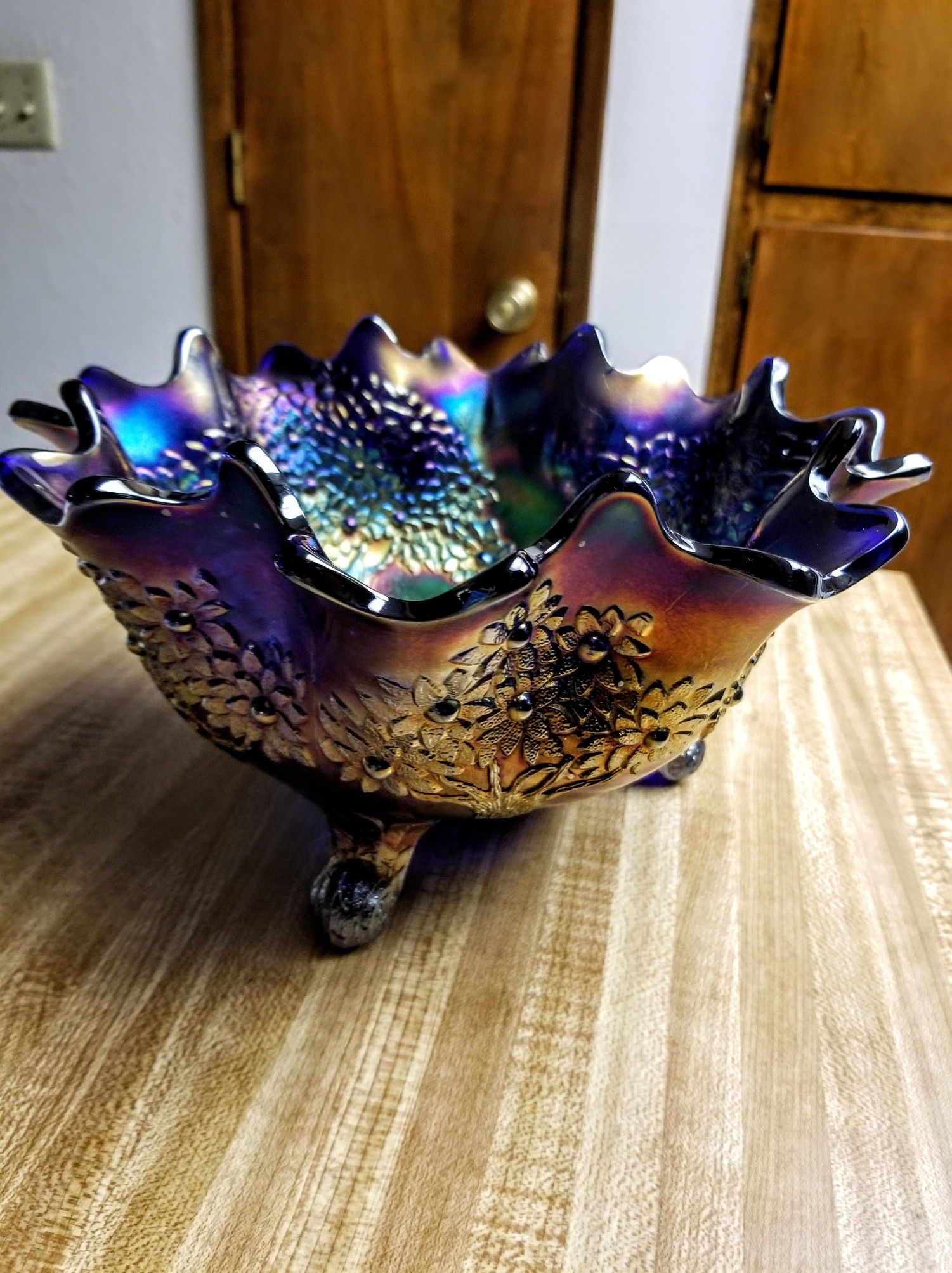 Antique Footed Fenton Cobalt Carnival Glass Orange Tree Fruit Bowl Circa 1911