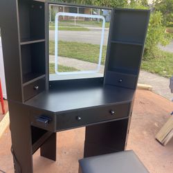 Corner Vanity Desk with LED Lighted Mirror & Rotating Shelves & Charging Station